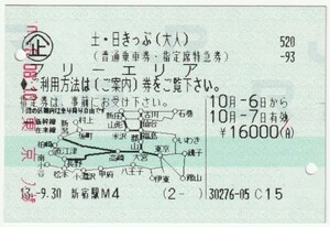 平成１３年１０月６日　土・日きっぷ（大人）　９月３０日新宿駅Ｍ４発行（ボールペンチェック、東京駅入場印）30276-05