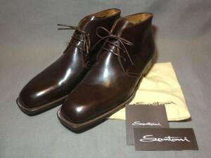 新品 サントーニ レザー ブーツ 8.5 santoni 革靴 シューズ ダークブラウン 茶 イタリア製