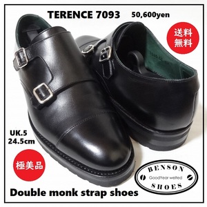 送料込 着用1回 極美品★BENSON SHOES 7093 ダブルモンクストラップ UK5(日本人サイズ24.5cm程度)★ベンソンシューズ/ストレートチップ/黒