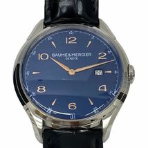 【即決】 ボーム＆メルシエ BAUME & MERCIER クリフトン CLIFTON デイト SS レザー クォーツ ブルー 文字盤 M0A10420 箱付き 美品_画像2