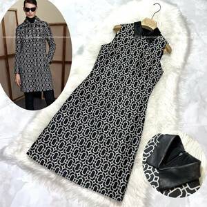  week end coupon .4000 jpy discount!! genuine article beautiful goods Gucci leather collar total pattern no sleeve One-piece dress black white 36 GUCCI