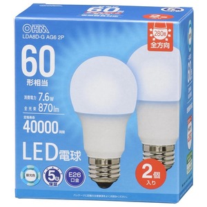 LED電球 E26 60形相当 昼光色 2個入｜LDA8D-G AG6 2P 06-5522 オーム電機