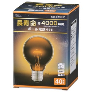  white heat lamp light bulb filament lamp ball lamp long life ball lamp E26 40W shape G95 clear lLB-GL9640K-CN 06-0861 ohm electro- machine 