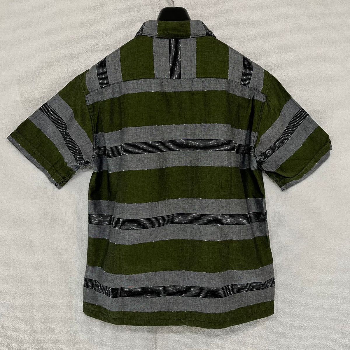 1213) 美品 TENDERLOIN ボーダー オープンカラー シャツ S グリーン