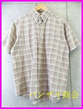 【送料300円可】015c54◆日本製◆シルバータグ◆麻混素材◆LACOSTE ラコステ ボタンダウン 半袖チェックシャツ 3/リネン/ポロシャツ/良品_画像1