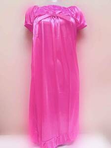  dark Pink Lady -s pyjamas short sleeves One-piece dress length approximately 95cm polyester square neck Night wear ribbon room wear negligee 