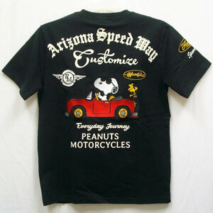 SNOOPY スヌーピーxFLAGSTAFFコラボ半袖Tシャツ 432031 ブラック M アメカジ クルマ キャラクター コラボ PEANUTS