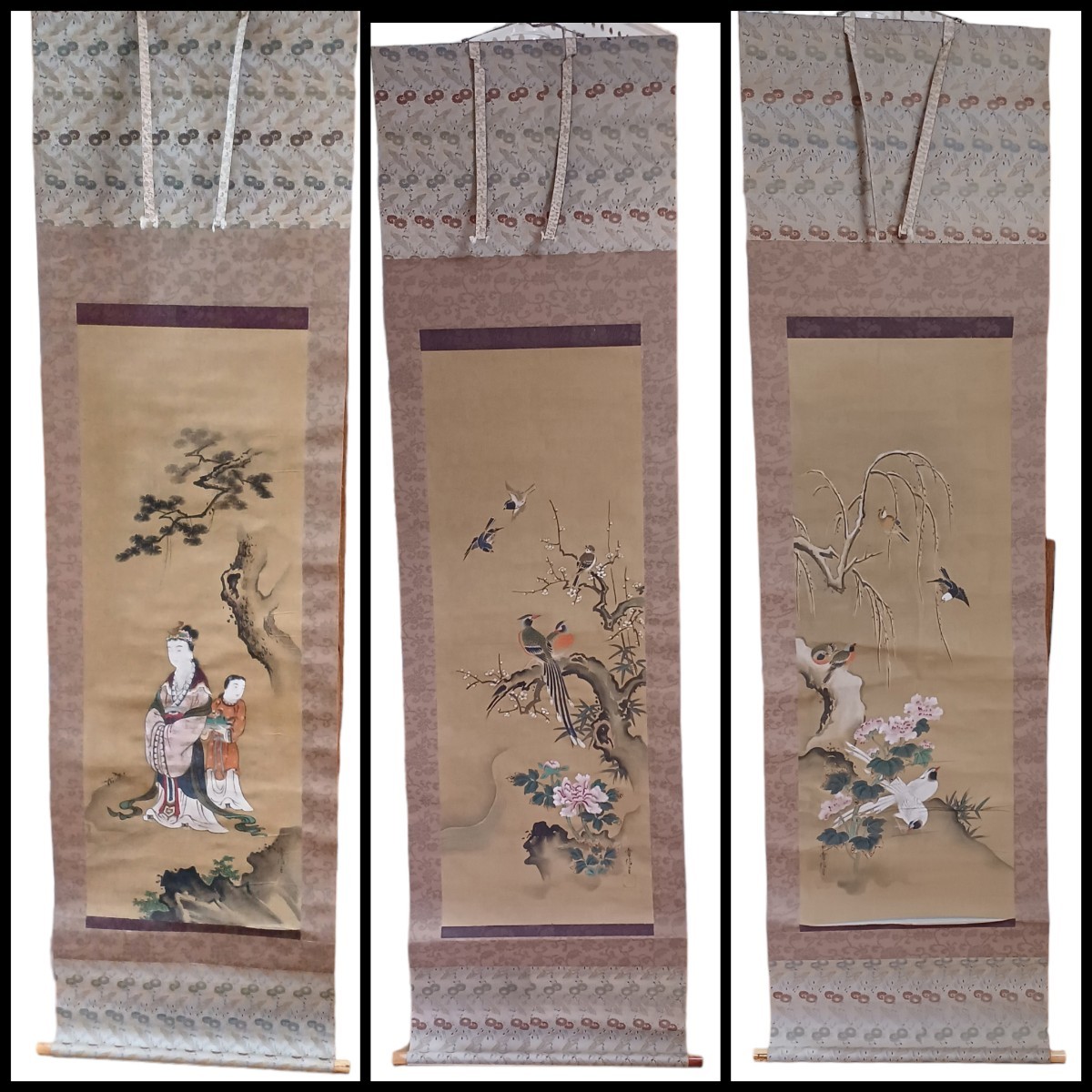 最高 狩野常信「布袋に蘆雁」掛軸 三幅 紙本:江戸幕府 御用絵師 絵画