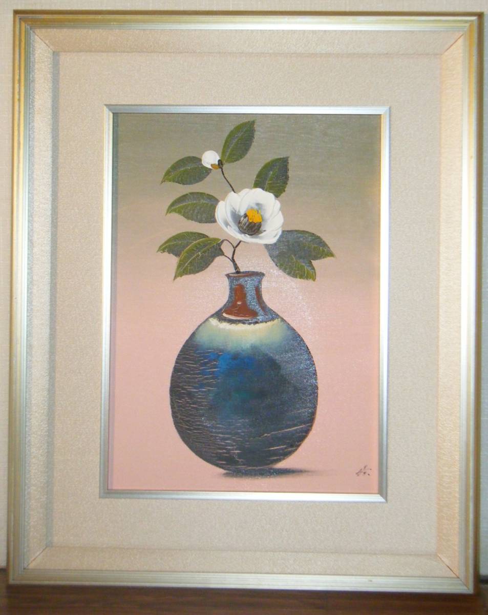 絵画作者不詳サイン有日本画8号花鳥図精密描写名品箱・黄袋入K63
