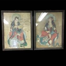 普賢菩薩　文殊菩薩　古画　仏教美術　密教　仏画　額装　双幅　対　絹本_画像1