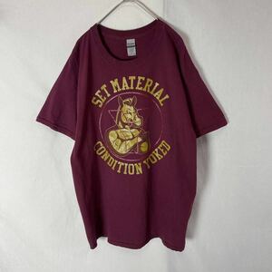 ギルダン　半袖プリントTシャツ　古着　Lサイズ　ワインレッド　バックプリント