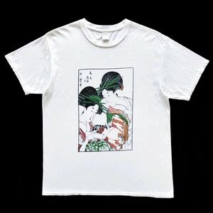 喜多川 哥麿『扇屋 翡翠』浮世絵プリント Tシャツ 半袖 white size XL 希少 ビッグサイズ 歌麿 UTAMARO 錦絵 芸者 美人画 シルクスクリーン