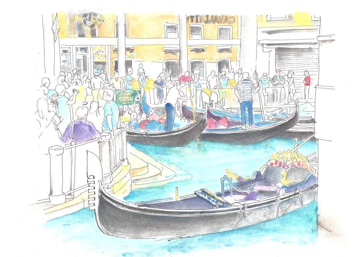 التراث العالمي سيتي سكيب, إيطاليا, الرسم بالألوان المائية في محطة جندول البندقية, ورق رسم F4, اللوحة الأصلية, تلوين, ألوان مائية, طبيعة, رسم مناظر طبيعية