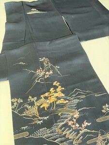 花とら●リサイクル着物　訪問着　濃灰　総刺繍　上品　美品　落款入り　御所解風　　　230604