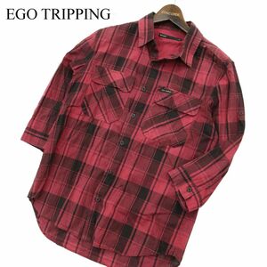 EGO TRIPPING エゴトリッピング 春夏 麻 リネン混★ 7分袖 ワーク チェック シャツ Sz.46　メンズ 日本製　A3T06193_5#A