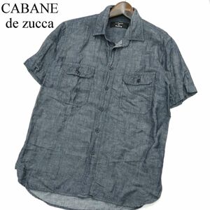 美品★ CABANE de zucca カバンド ズッカ 春夏 麻 リネン★ 半袖 シャンブレー デニム ワーク シャツ Sz.S　メンズ 日本製　A3T07320_6#A