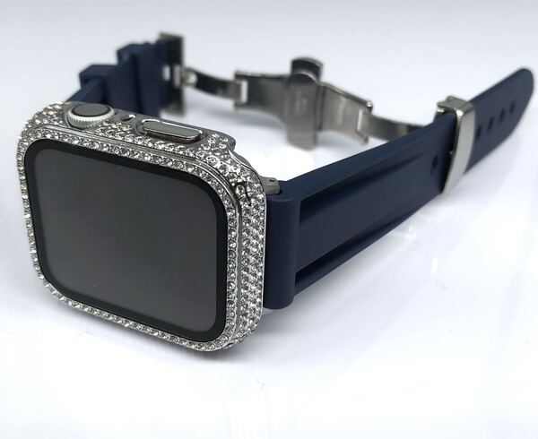ネイビー 2nd シルバー★アップルウォッチバンド ラバーベルト Apple Watch キラキラ ケース カバー 40mm 41mm 44mm 45mm 42mm 46mm 49mm