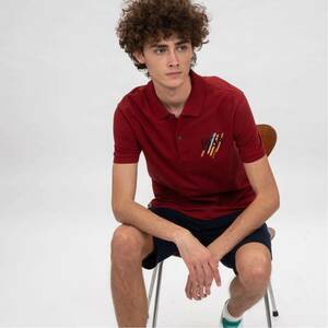 新品未使用 タグ付き LACOSTE ラコステ 1933プリント ストレッチ鹿の子ポロシャツ Slim Fit エンジ FR4 US M ワニロゴ クールビズ 春夏