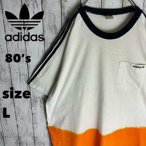 80s【adidas】アディダス tシャツ 刺繍ロゴ 3ストライプ ヴィンテージ L ビッグサイズ