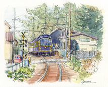 ★水彩画★原画「江ノ電・湘南海岸公園駅」★（＃299）_画像2