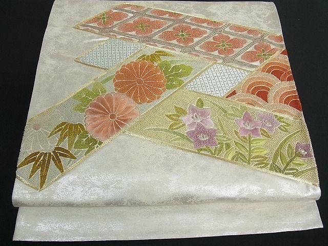 花美人□中国三大刺繍 相良刺繍 太鼓柄袋帯 吉祥花文 金糸 逸品 ic5270