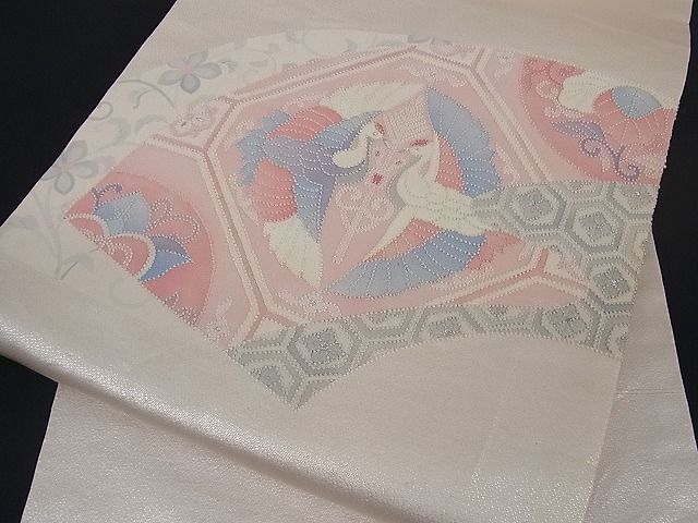 花美人□中国三大刺繍相良刺繍九寸名古屋帯吉祥飛鶴花文銀糸逸品ox1133