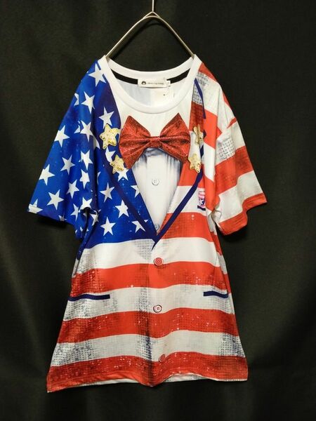 新品未使用　タグ付　ストレッチ　おもしろTシャツ USA 星条旗　蝶ネクタイ　コンドル　XL UNISEX
