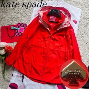 【美品】kate spade ダブルジップコート レッド 花柄 M ロゴプレート ケイトスペード 赤 フード 帽子