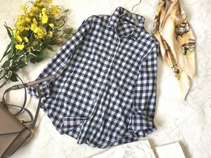 e096★ allureville アルアバイル 2way コットン ギンガムチェック シャツ レディース トップス カシュクール ブラウス ネイビーブルー系