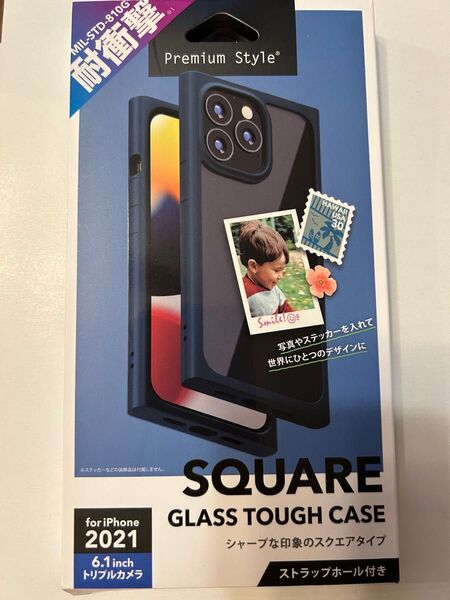 Premium Style iPhone 13 Pro用 ガラスタフケース スクエアタイプ ネイビー PG-21NGT08NV