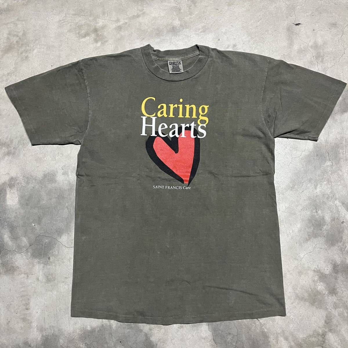 L 90's Mexico製 ONEITA Caring Harts ビンテージ Tシャツ カーキ