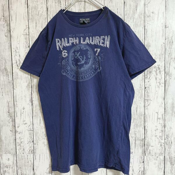 Ralph Lauren ラルフローレン ポロジーンズ 半袖 Tシャツ L 紺 ネイビー ビッグプリント メンズ古着 HTK1309