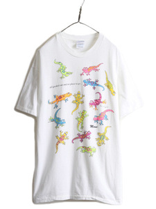 90s ★ アニマル トカゲ アート イラスト プリント Tシャツ メンズ XL / 90年代 オールド 動物 HANES シングルステッチ ヘビーウェイト 白