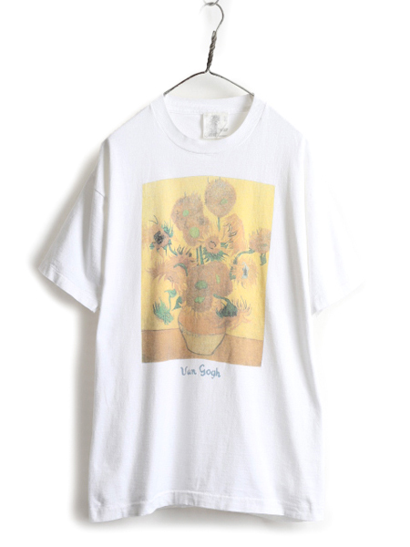 90s ★ ゴッホ ひまわり アート プリント Tシャツ メンズ XL / 90年代 オールド Gogh フラワー 花 絵画 芸術 イラスト シングルステッチ 白, XLサイズ以上, 丸首, イラスト, キャラクター