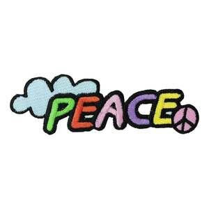 アイロンワッペン PEACE ピース カラフル ライトブルー 平和 メッセージ デザイン 簡単貼り付け アップリケ 刺繍 裁縫