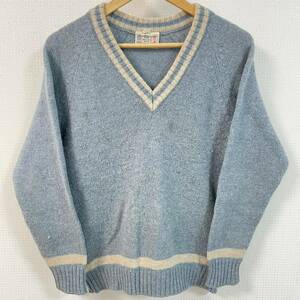 ★100% PURE BRITISH WOOL★セーター ニット 長袖 Vネック トップス イギリス製 ウール100% 水色 レディースM/TT5383