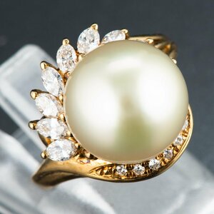  south . pearl x diamond yellow gold ring P: 11.7mm D: 0.5ct K18YG 11 number free shipping 