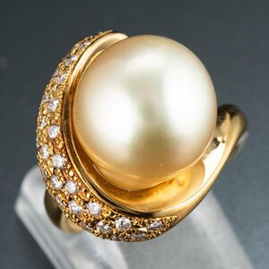  finger book@. beautiful can charm design. south . pearl x diamond yellow gold ring P: 13.2mm D: 0.38ct K18YG 12 number free shipping 