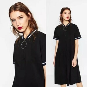 ZARA WOMAN ザラ ウーマン 半袖 ギャザー ワンピース ナイロン混 ブラック 黒 size S