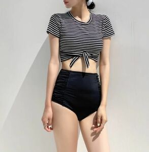 [ Itioshi carefuly selected commodity ] lady's swimsuit separate short sleeves border pattern high waist d91