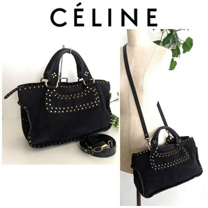 良品 CELINE オールドセリーヌ ヴィンテージ スタッズ 上質 スウェード レザー 2way ショルダー ハンドバッグ アンティーク 鞄 ブラック 黒