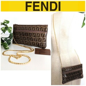 美品 FENDI オールドフェンディ ズッキーノ 2way チェーン ショルダーポーチ 鞄 クラッチバッグ ボディバッグ ブラウン レディース メンズ