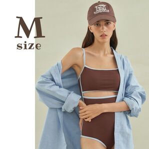 フロントオープン パイピング スイムウェア 茶色 青 ワンピース M 韓国 青 ブルー ブラウン お洒落 ワンピース キャミ