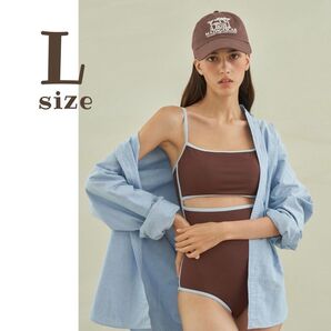 新品 美品フロントオープン パイピング スイムウェア 茶色 青 ワンピース L 韓国 お洒落 シンプル キャミ 華奢