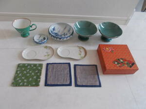香蘭社のコーヒーカップ、絵皿、コースターなどの和風キッチンセット