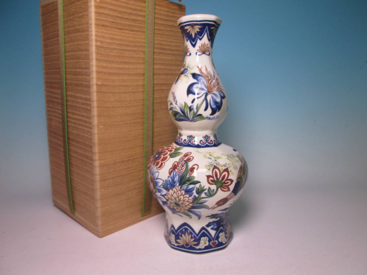 ☆Tea utensils Belgium BOCH JUNGERHANS Hand-painted gourd-shaped flower vase 25, 5cm wooden box included vase/decorative jar, pottery, western ceramics, arabic