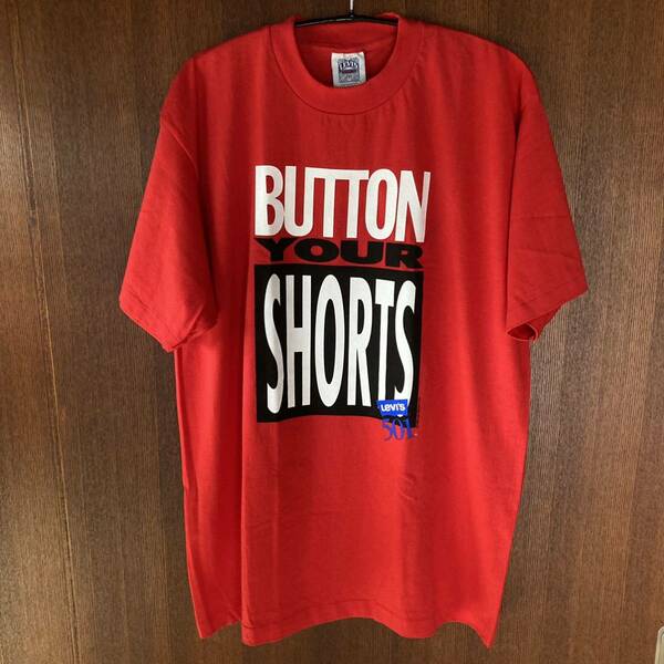 90'sビンテージデッドストックLevi's501BUTTONYOURSHORTSＴシャツ赤、Lサイズ USA製リーバイス。