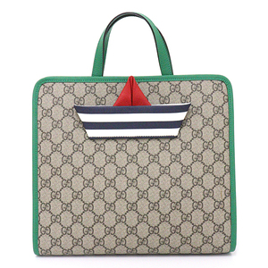 GUCCI グッチ チルドレン ボート トートバッグ GGスプリーム キャンバス レザー 605662 ベージュ グリーン ブラウン シルバー金具 未使用品