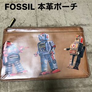 本革　ロボット柄　FOSSILのポーチ