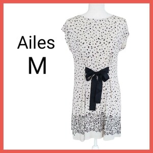 【M】Ailes　半袖チュニックワンピース　花柄　ドレープ　リボン付き